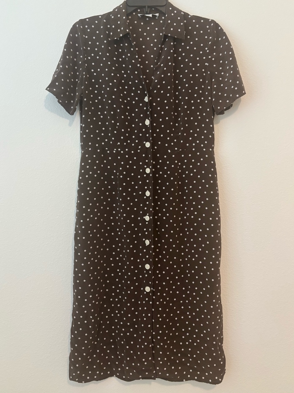 Amour Vert Lou Washable Silk Shirt Dress – Riviera Dot Espresso – Size Medium